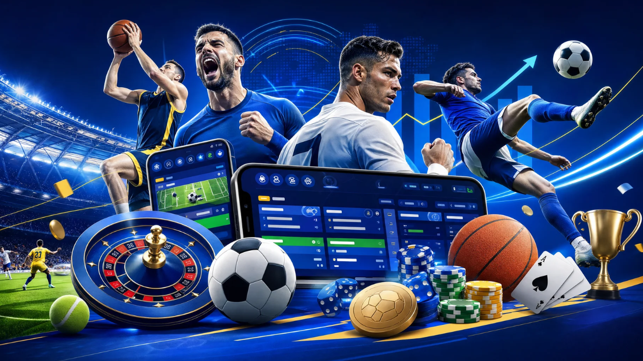 Sports betting and casino comparison illustration with football, basketball and gaming elements